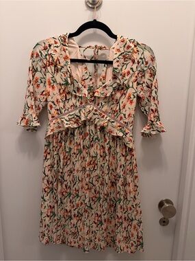 Topshop Cream Floral Ruffle V-Neck Dress with Orange & Green Print